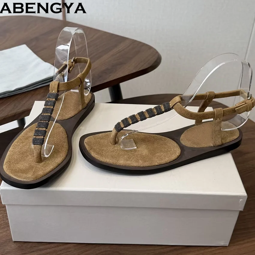 Фото Женские замшевые шлепанцы ABENGYA, плоские сандалии с бусинами, пляжная обувь для отпуска, повседневные туфли, сандалии для женщин №5