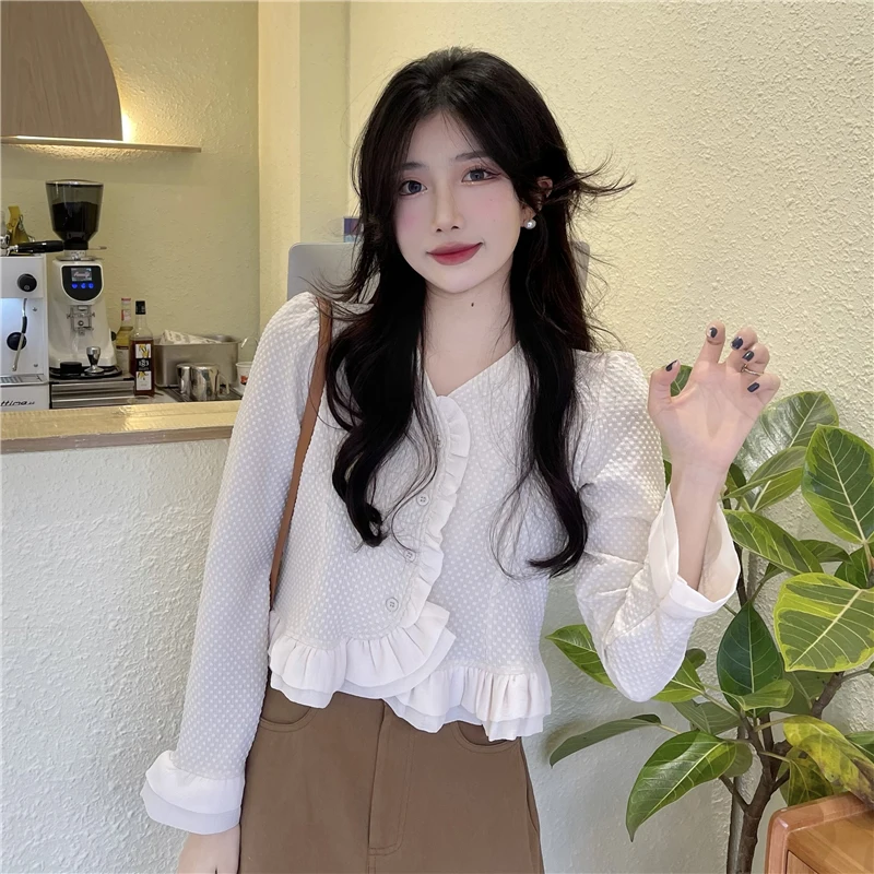 Кроп-рубашка Y2K женская с оборками милая блузка свободного покроя в Корейском