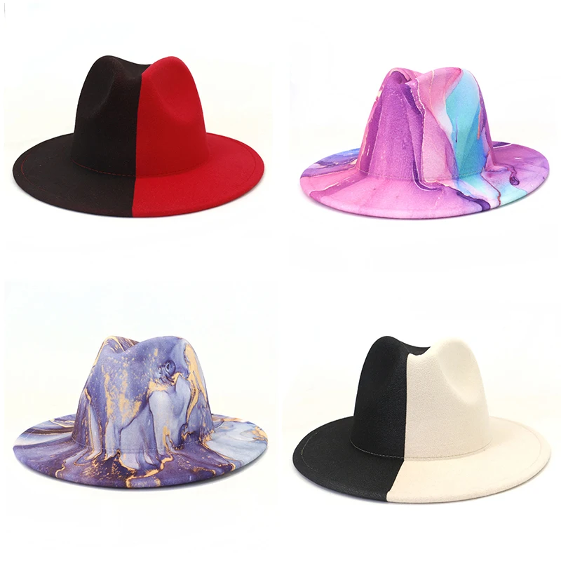 

New Summer Unisex Tie-dye Jazz Hats Fashion Women White Black Fashion Luxury Hat Men Wide Brim Cowboy Fedoras Church Panama Cap