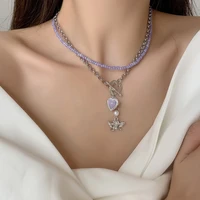 minar stylish purple color nature stone angel wings pendant necklaces for women layered crystal beads chain choker necklace gift