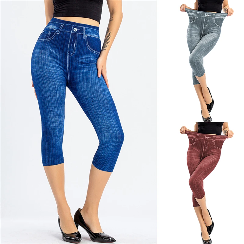 

Stretch Trousers Women Imitation Denim Pant Fashion Hip Printed calf-length Pants For Ladies Women's Cropped Slim Trousers