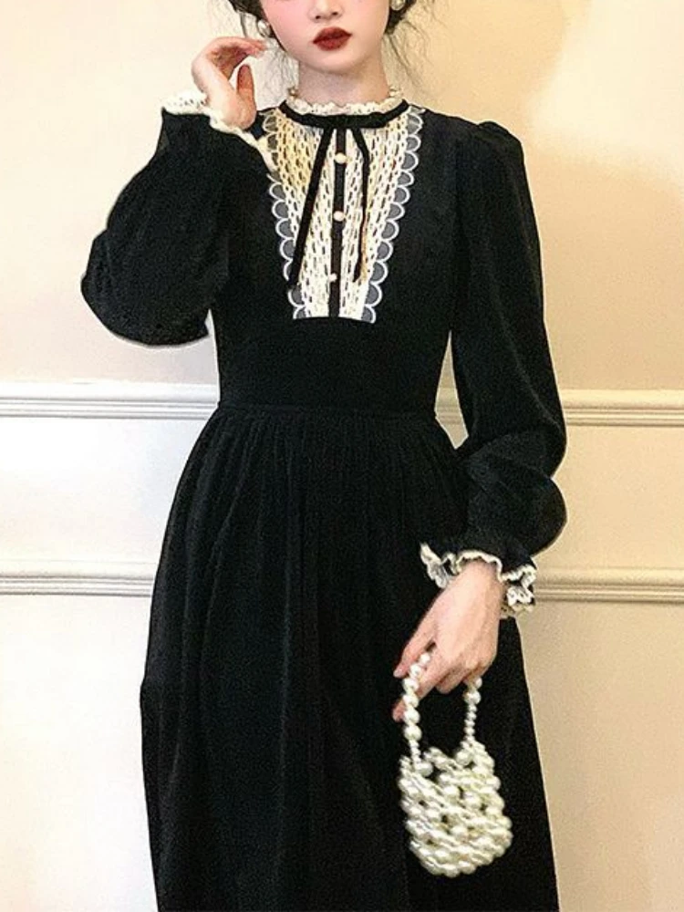 

Черное бархатное платье в Корейском стиле, женское элегантное вечернее праздничное платье миди с кружевом, женское французское винтажное платье с длинным рукавом, зима 2023