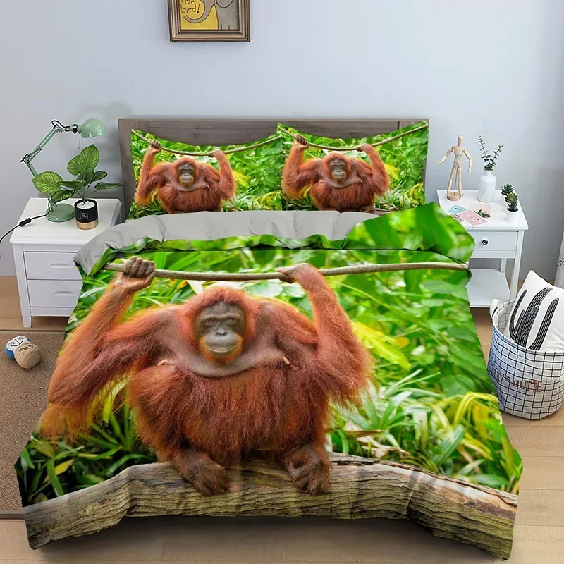 Orangutan Duvet Cover King Queen Size Cute Monkey Bedding Set Palm Leaves Tropical Botanical Polyester Comforter for Adult