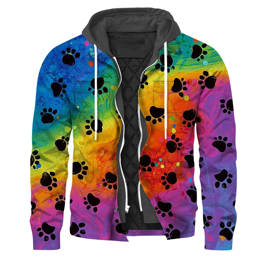 

CLOOCL Harajuku Men Jackets Gradient Paw Print Digital Printing Wear Button and Pocket Decoration Fake Two Coats Zipper Hoodies