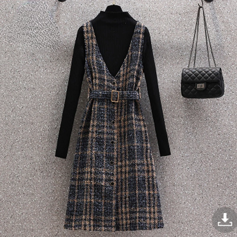 

Свободные комплекты женских платьев оверсайз, осенне-зимний вязаный свитер, топ, элегантный дизайн, Жилет Без подкладки и черный свитер, кос...