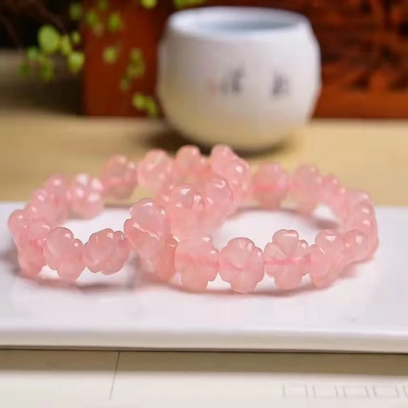 Розовый браслет Qaurtz из бусин с цветком сливы 12 мм, Исцеляющие кристаллы фэн-шуй, кварцевые минеральные бриллиантовые браслеты из камня