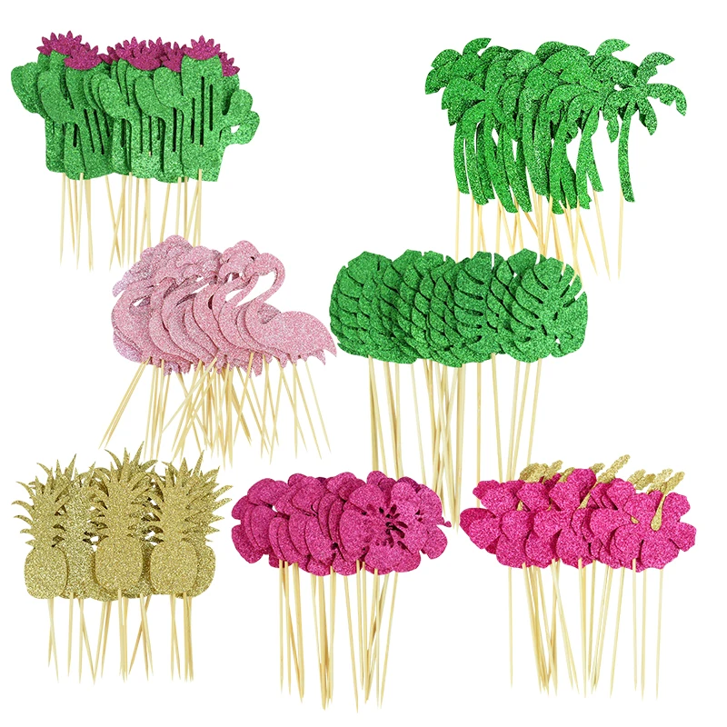 

10Pcs Tropical Cupcake Topper Hawaiian Toothpick with Flamingo Pineapple Palm Leaves Shape Picks for Summer Beach Party Supplies