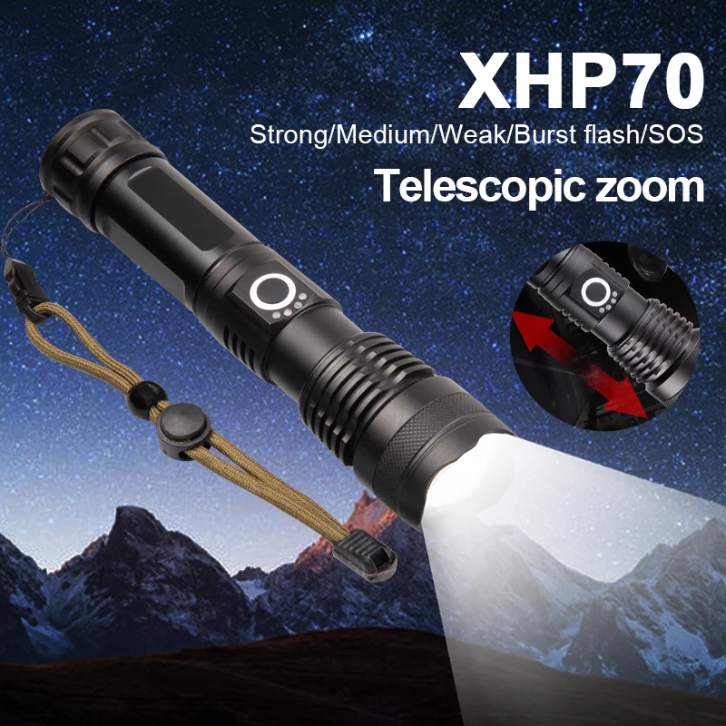Powerful xhp70 Flashlight Rechargeable LED Flashlight Waterproof 4 Core Zoom Torch 5 Modes Camping Light Emergency Lamp