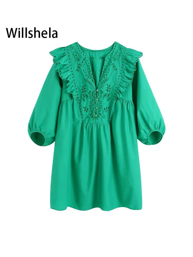 

Willshela Women Fashion Poplin Solid Ruffled Hollow Out Mini Dress Vintage Half Sleeves V-Neck Female Chic Lady Dresses