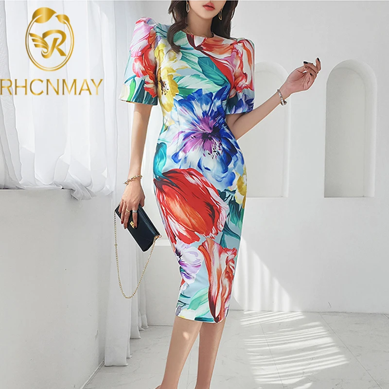 

2022 Summer Dress Newest Arrival Vintage Short Puff Sleevel Flower Print Elegant Slim Dress Women Clothing Mid-Calf Pencil Dress