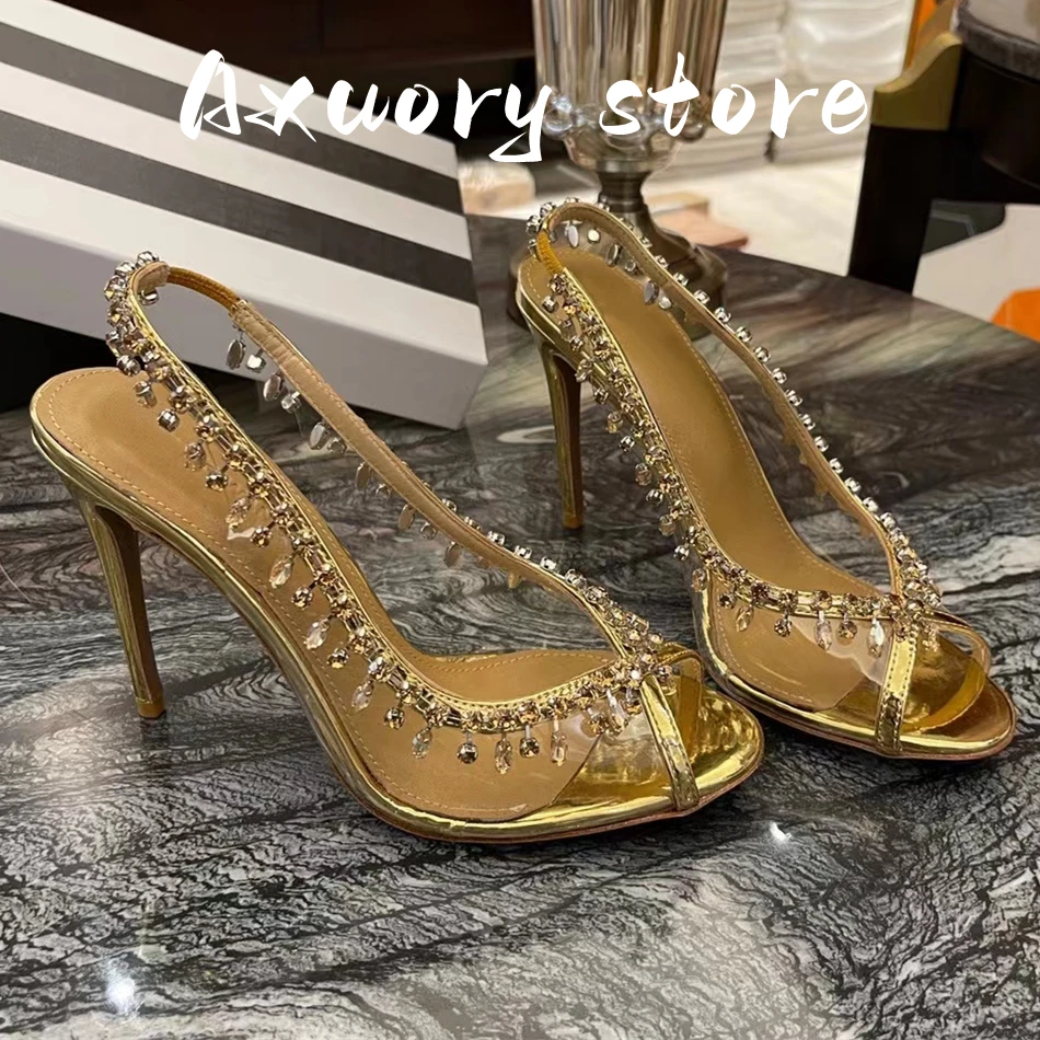 2023 New Women Stiletto Thin High Heels Crystal Pumps Sexy Peep Toe Wedding Bridals Shoes Glass Slipper