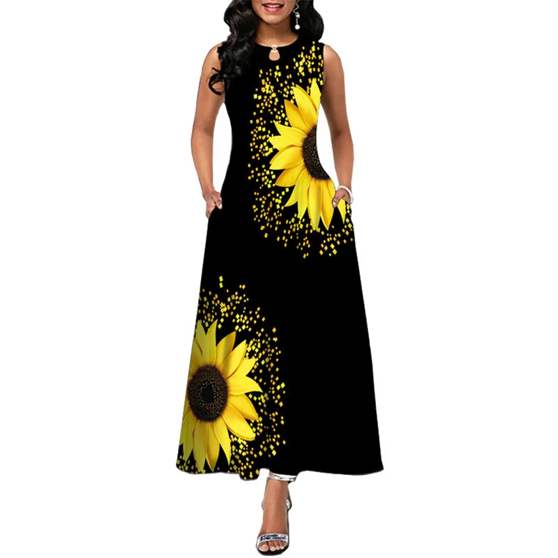 

WAYOFLOVE Ladies Spring Summer Black Long Dress Women Sleeveless V-neck Party Dresses Beach Casual Sunflower Print Vintage Dress