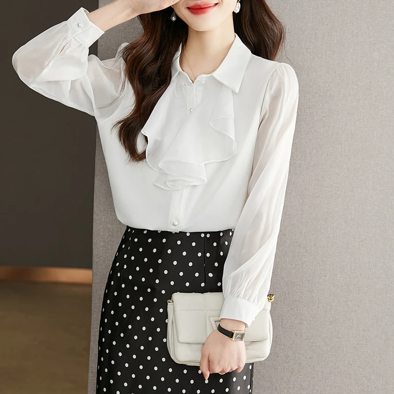 

Women's Elegant Summer Long Sleeve Ruffle Chiffon Shirt Lady Office Wear White Shirt Chic Turn Down Collar Loose Blouse Top