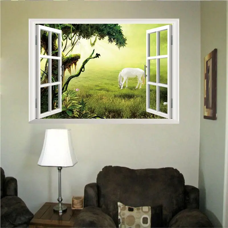 

White Horse Tree Grassland Scenery Wall Stickers For Bedroom Home Decorations 3d Window Poster Diy Animal Mural Art Pvc Decal