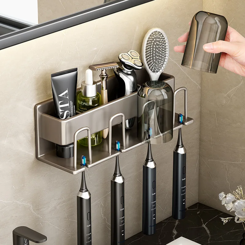 

Wall Mounted Toothbrush Holder Aluminium Alloy No Punching Space Saving Tooth Cup Toothpaste Storage Rack Bathroom Accessories