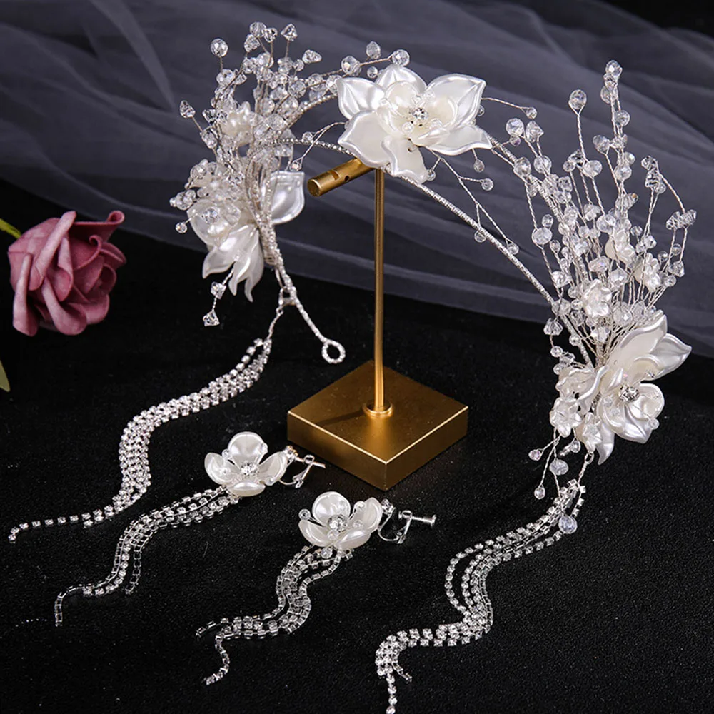 

Жемчужные повязки для волос тиары свадебные аксессуары для волос для женщин Белый цветок кисточка Корона и серьги Элегантные Свадебные укр...