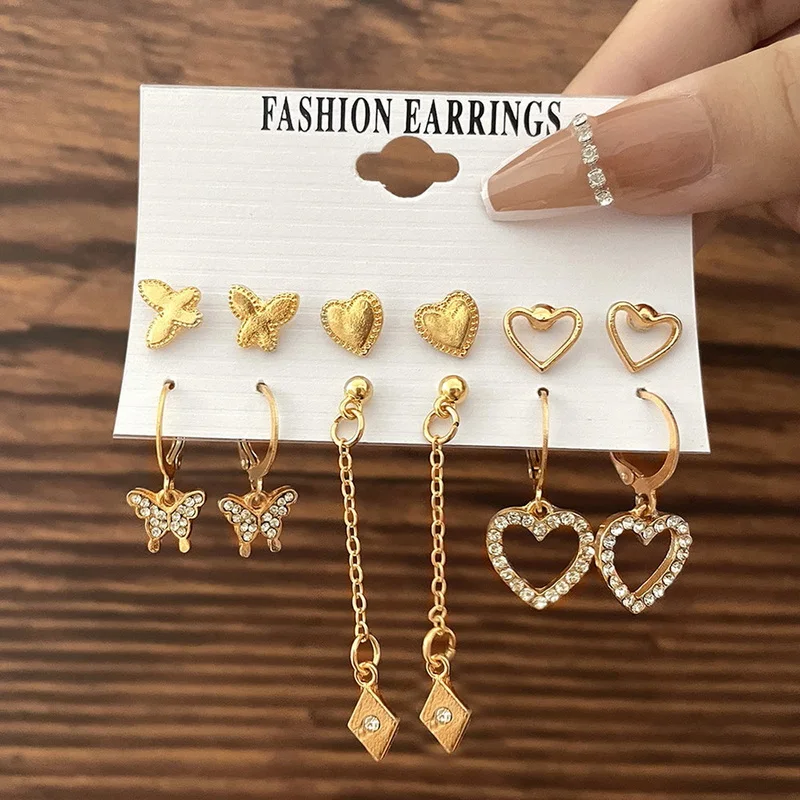 

Punk Gold Color Heart Butterfly Stud Earring Set for Women Girl Fashion Chain Tassel Crystal Pearl Summer Jewelry Female Gifts