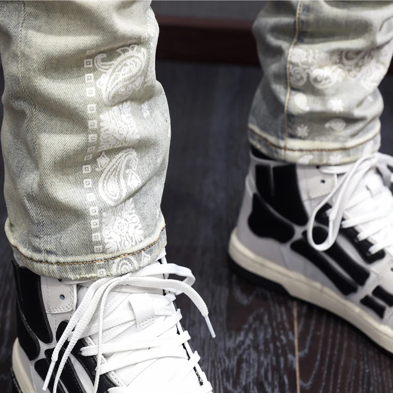 High Street Fashion Men Jeans Retro Yellow Blue Elastic Hole Skinny Ripped Jeans Men Printed Designer Hip Hop Brand Pants Hombre