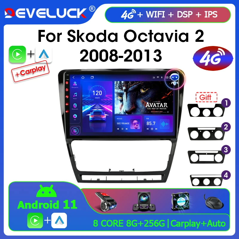 2 Din Android 11 Car Radio for Skoda Octavia 2 A5 2008 - 2013 Multimedia Player Navigation GPS Carplay Stereo DVD Speaker 4G RDS