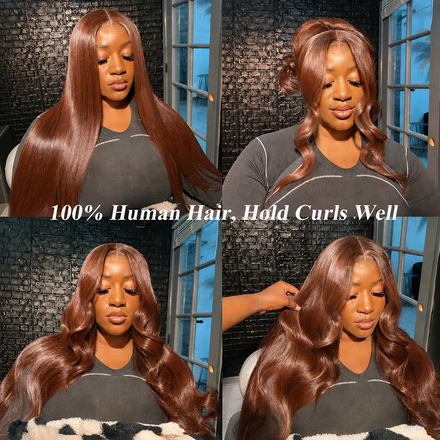 Фото WOWANGEL Коричневый парик из натуральных волос с эффектом Body Wave, 13x6 HD, с кружевной передней частью, предварительно снятая линия роста волос, осветленные узлы, невидимое кружево, цветной парик №4