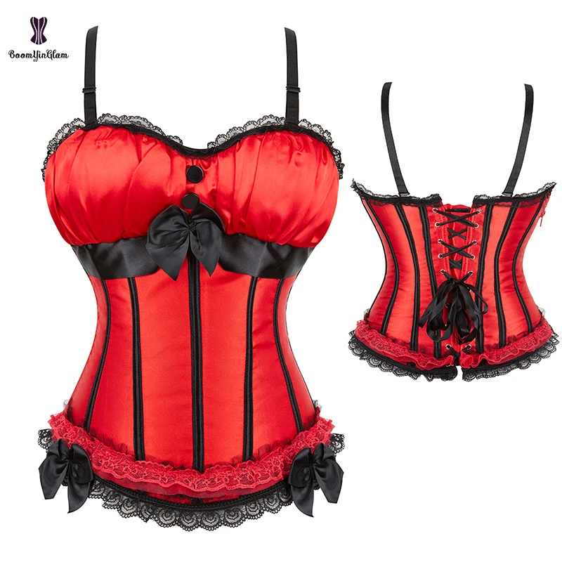 

Christmas Bodices Xmas Outfits 14 Elastic Bones Supported Red Strap Korset Lace Up Boned Corset Bustier For Women Size S To XXL