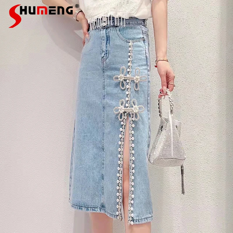 

Women 2022 Spring New Korean Sweet Beads Diamond Slit Jeans Skirt Ladies Fashion Fairy High Waist Slimming A- Line Denim Skirt