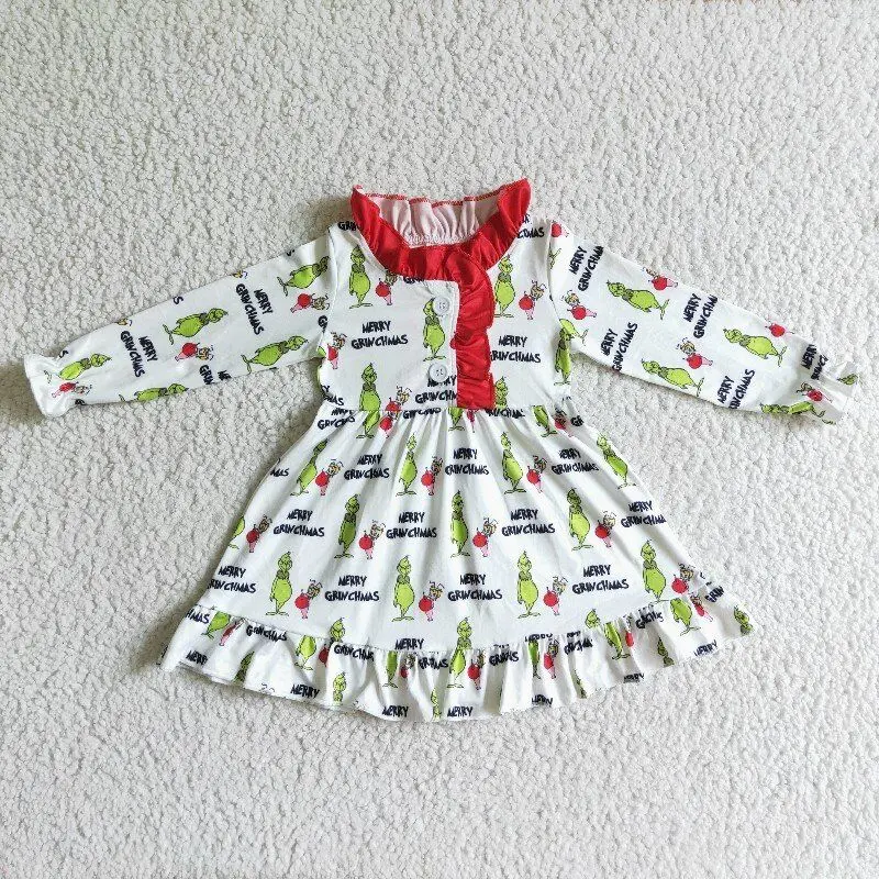 

ruffle button design cartoon pattern long sleeve kids dress 100% cotton fall winter wholesale kids clothing girl dress