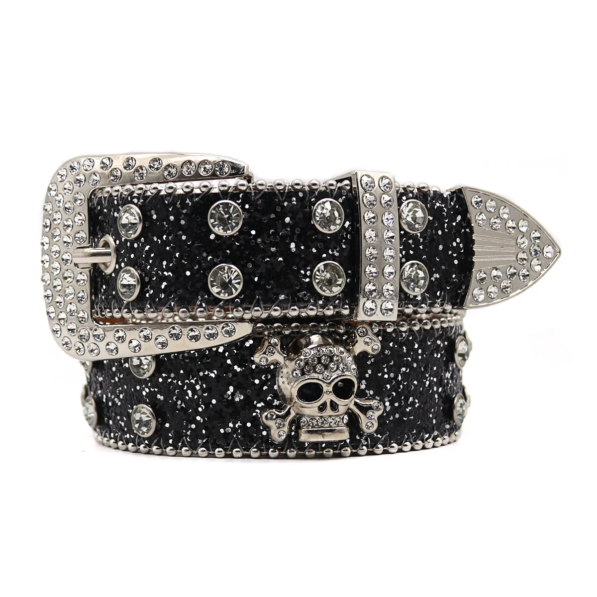 

Water Diamond Skeleton Head Wide Belt with Men's Inlaid Water Diamond Flash Diamond Hip Hop Punk Personality Fashion Non