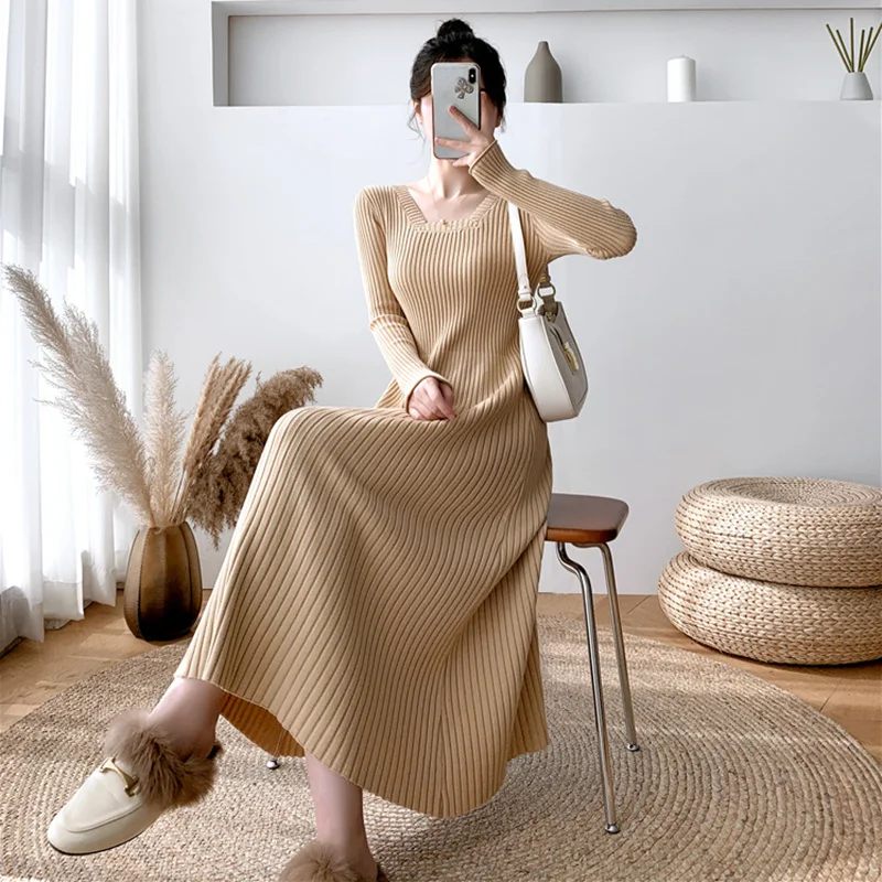 

Maxi Long Elegant Party Asymmetrical Basics Solid Knitting Khaki Girl Sweet Casual A Line Y2K Vintage Korean Girl Festa Dresses