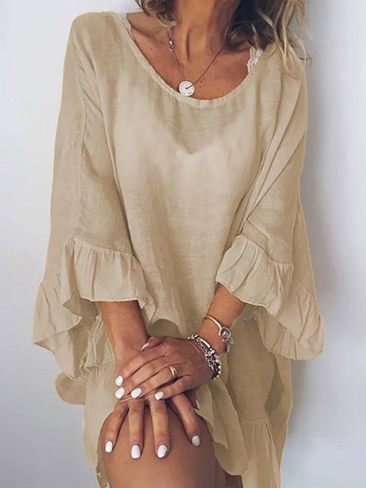 Женское свободное пляжное платье накидка на бикини однотонная мини-юбка с