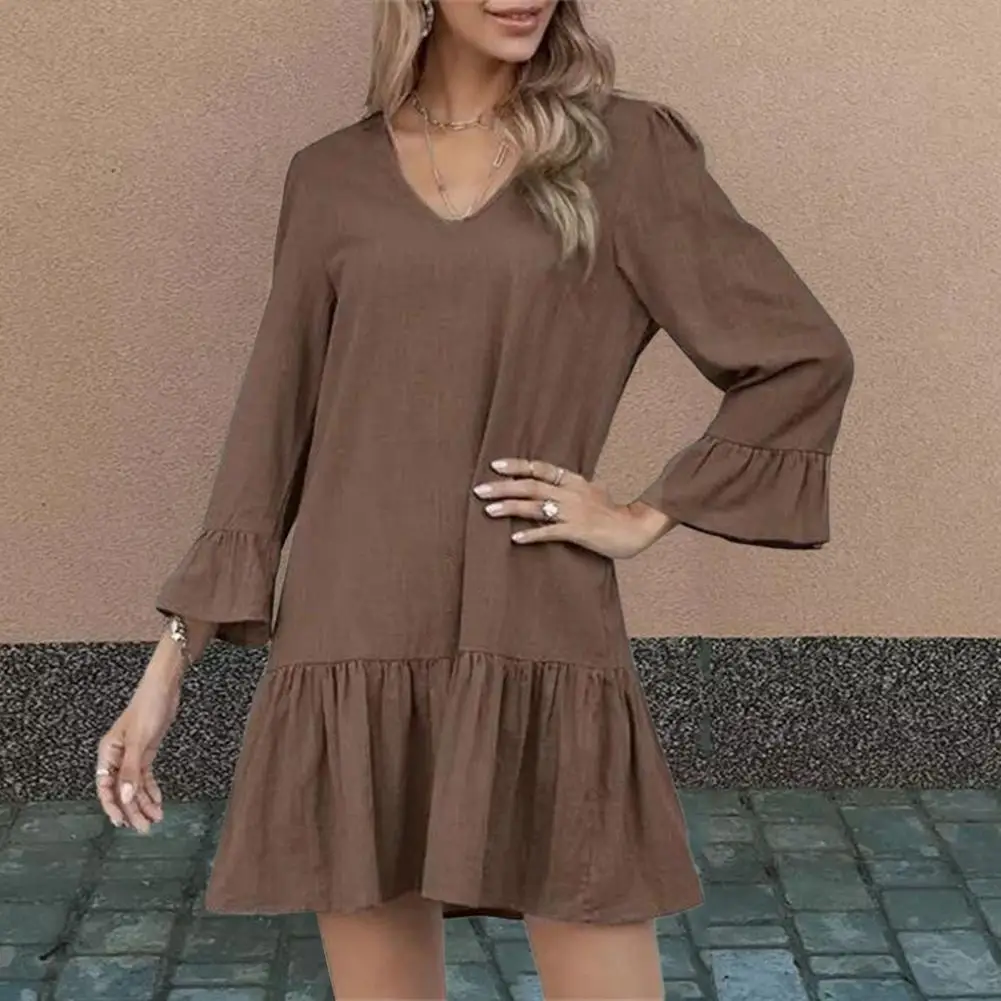 

Solid Color Women Dress Stylish Women's V Neck Pleated Patchwork Mini Dress with Trumpet Sleeves Soft Flattering Above Knee