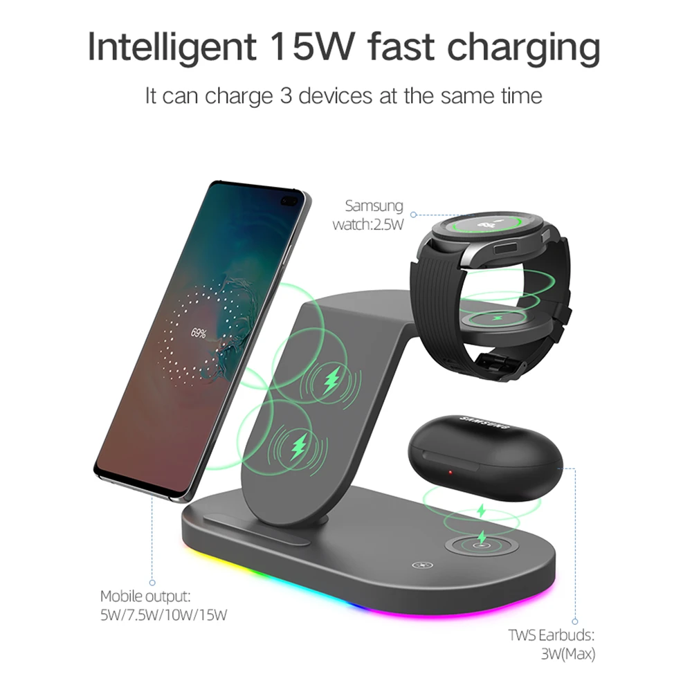 3 in1 Fast Charging Wireless Charger Staion For iPhone 13 Huawei Samsung Watch Magnetic Charging Stand With Smart LED Indicator