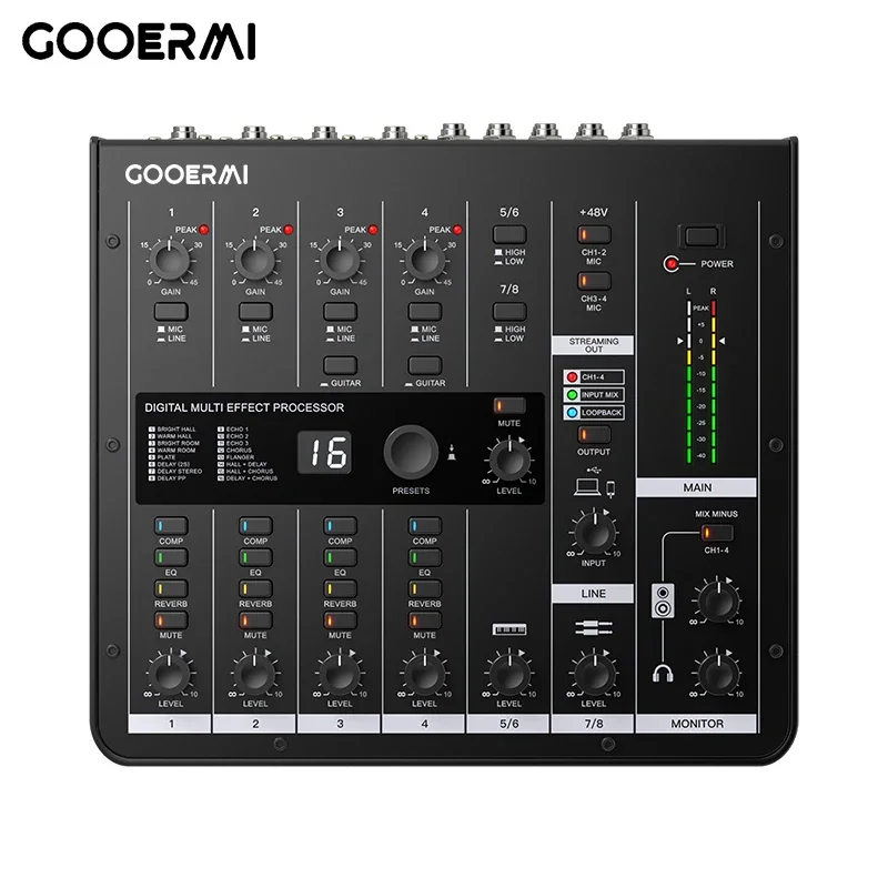 Фото MIXX8 Gooermi Профессиональный 8-канальный аудиомикшер USB, DJ-пульт, караоке, с шумоподавлением для прямых трансляций, сцены и конференций №1