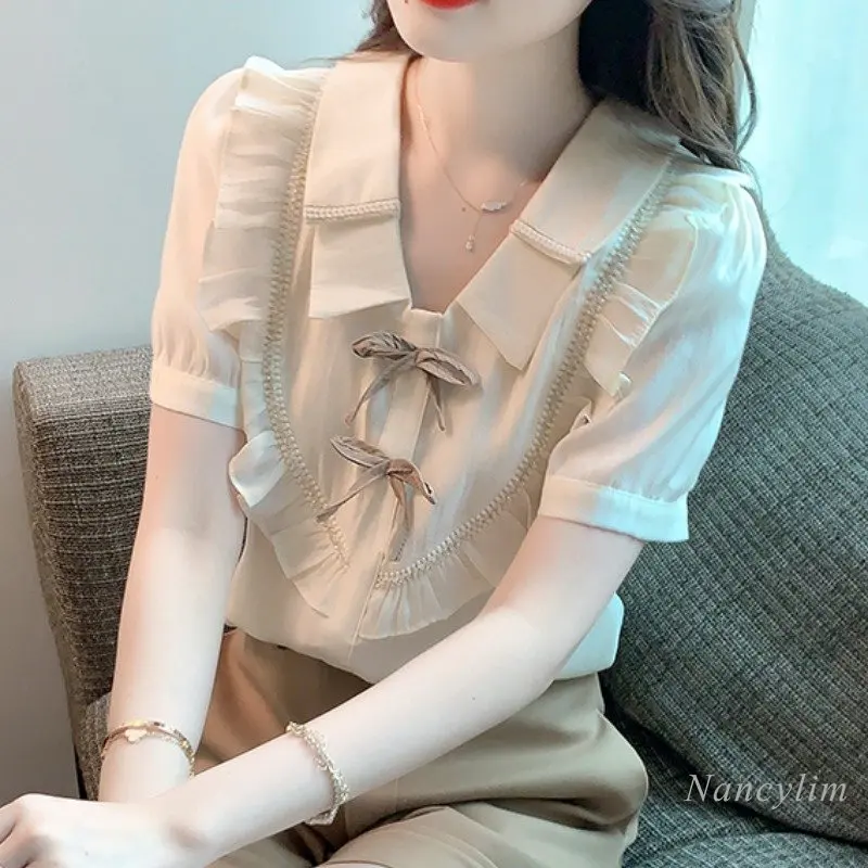 

Ruffled Doll Collar Shirt Women's Summer Fashion Short Sleeve Chiffon Blouse Loose Temperament Pullover Top Apricot Blusas 2023