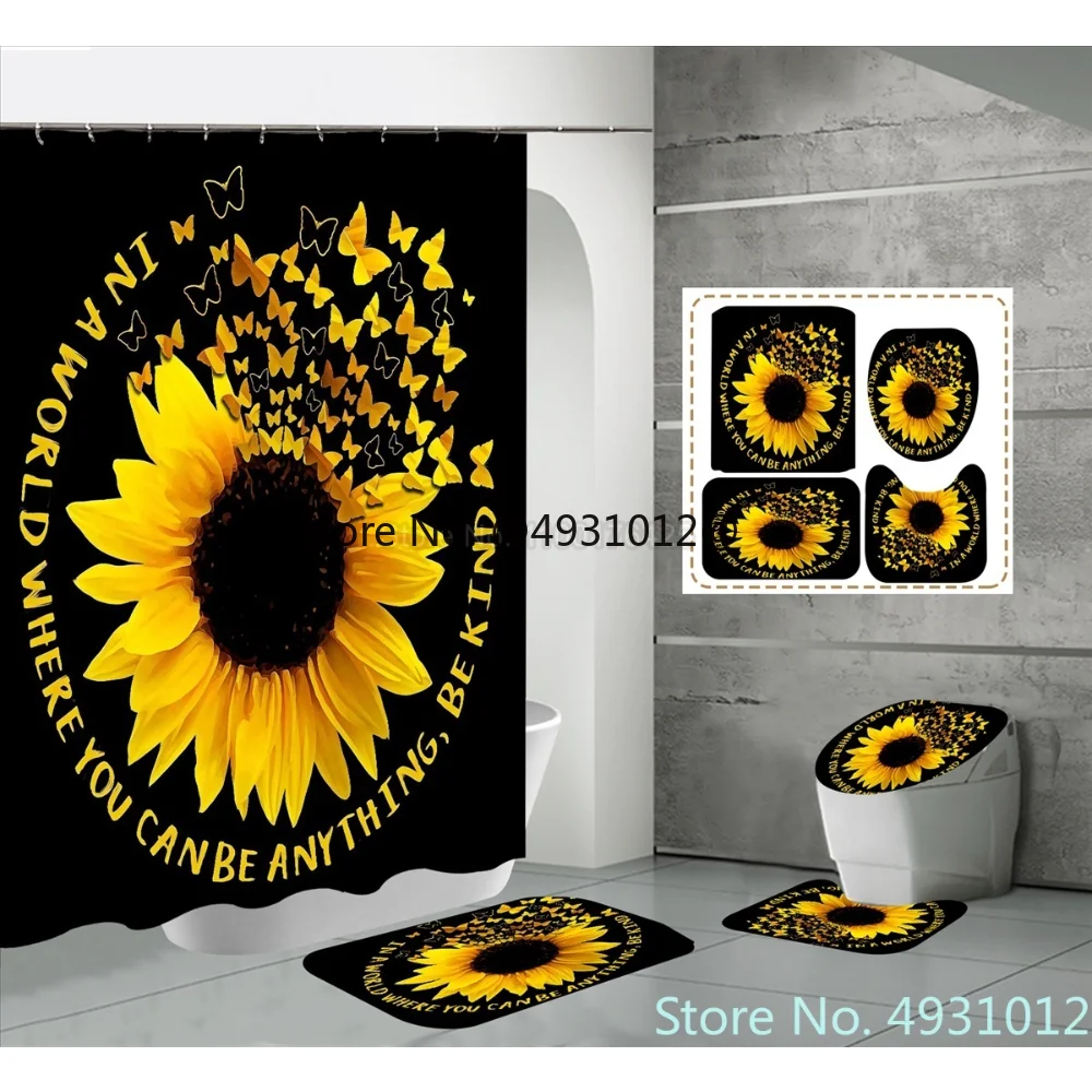 

Комплект занавесок для душа с подсолнухами и нескользящей искусственной крышкой, коврик для ванной, желтые цветы, золотые бабочки, занавески для ванной комнаты, 2023, 4 шт.