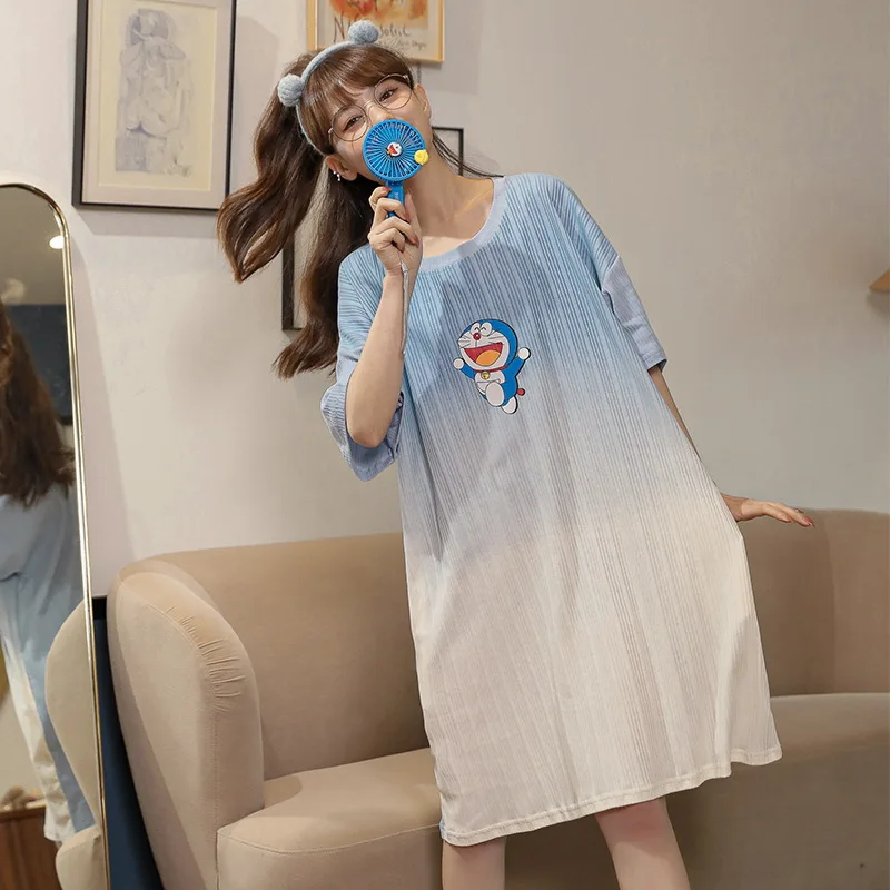 

Summer Women Nightgown Short Sleeve Night Dress Sleepwear For Ladies Cartoon Cat Korean Loose Leisure wear Femme Dress