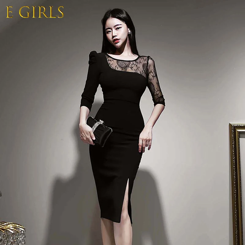 

E GIRLS Fashion Korean Vintage O-Neck Split Midi Party Club Dress Women Elegant Lace Perspective Skinny Bodycon Chic Black