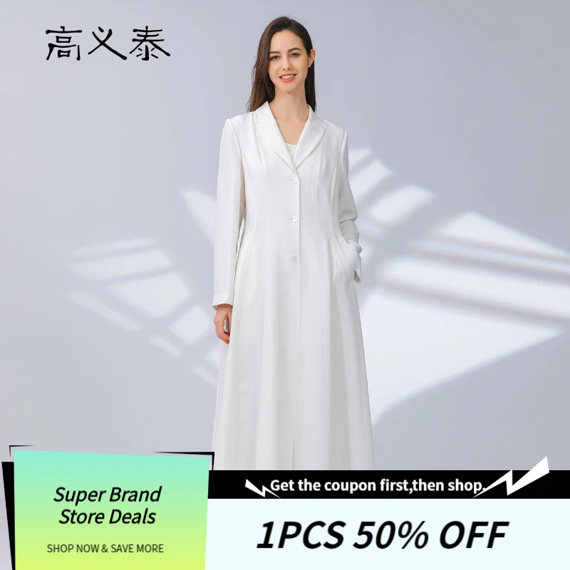 

31 Momme Heavyweight Thick Silk Pit Strip Texture Lapel Collar Long Sleeve Side Pocket White Long Trench Coat Women FY058