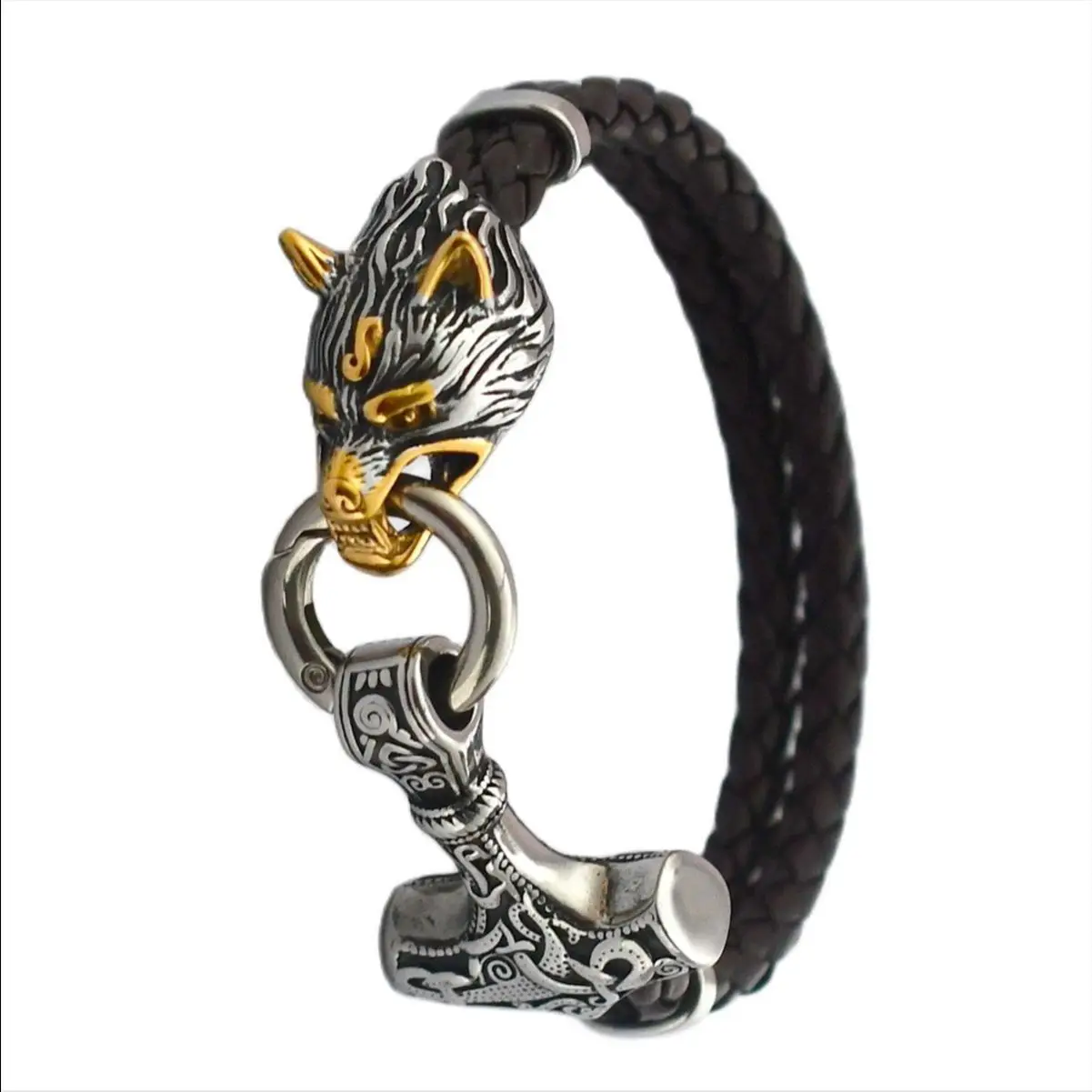 

Viking Bracelet Stainless Steel Thor's Hammer Celtic Wolf Head Asymmetric Leather Bracelet Men's Viking Jewelry