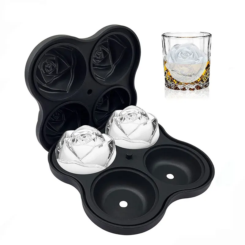 

1Pcs Ice Cube Tray, 6cm Rose Ice Cube Trays, 4 Cavity Silicone Rose Ice Ball Maker Mold for Whiskey, Chilling Cocktails, Juice