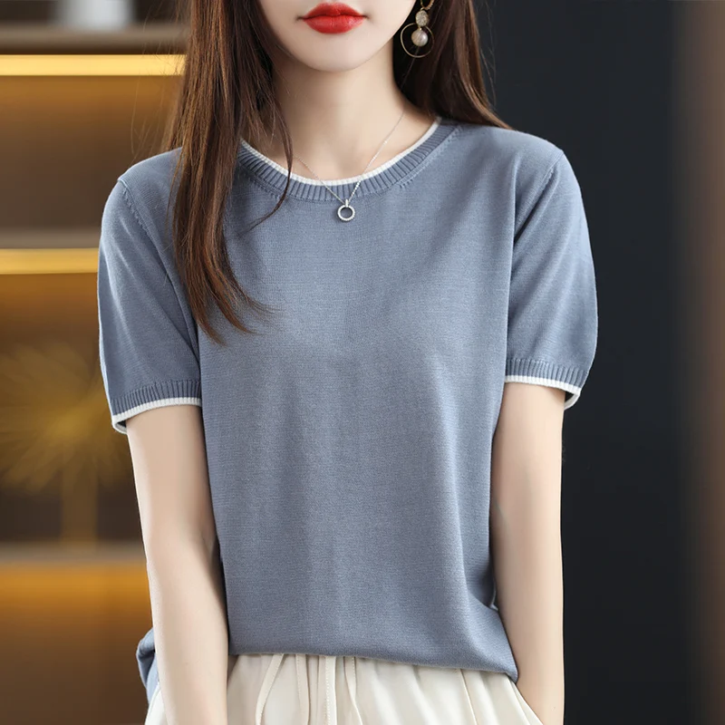 

Женский свободный пуловер с круглым вырезом, тонкий вязаный пуловер в Корейском стиле с коротким рукавом, пляжный, черный, лето 2022