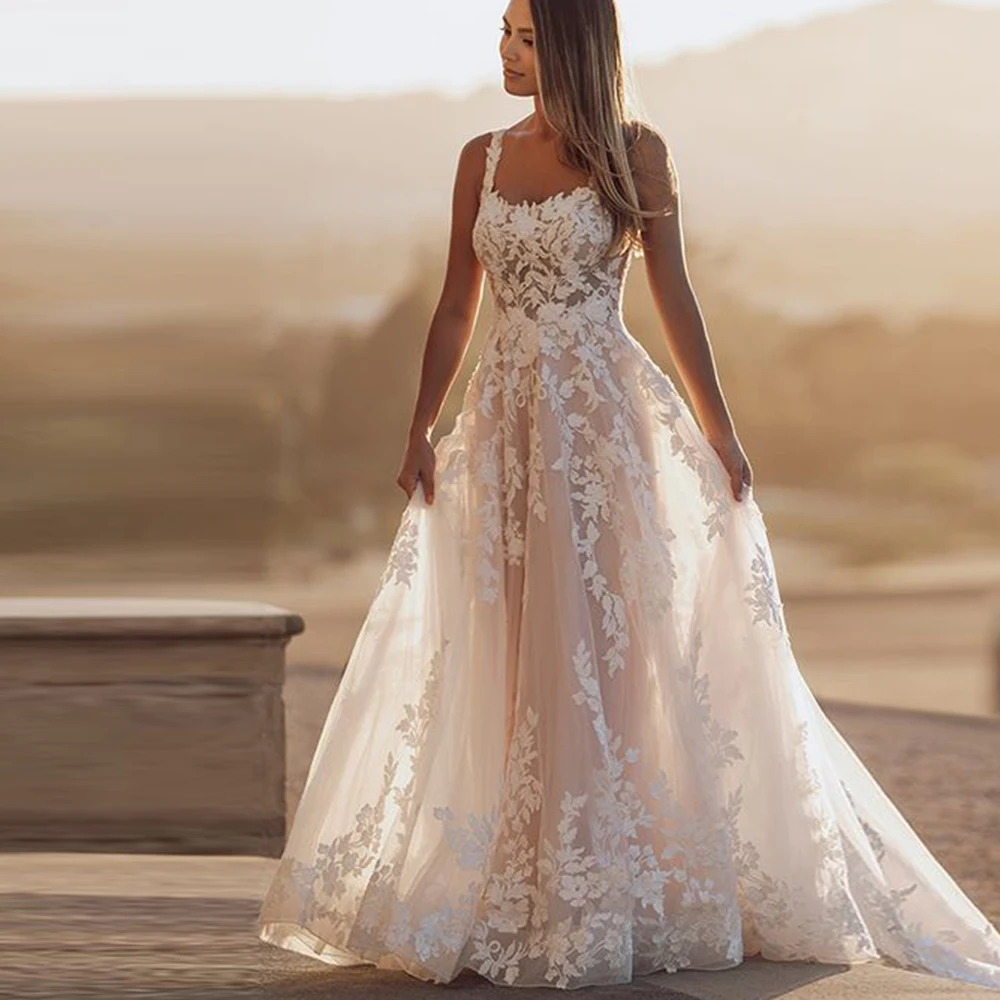 

Gorgeous Weddding Dresses Spaghetti Straps Applique A-Line Backless Tulle Bride Gown For Wedding Party vestidos de novia
