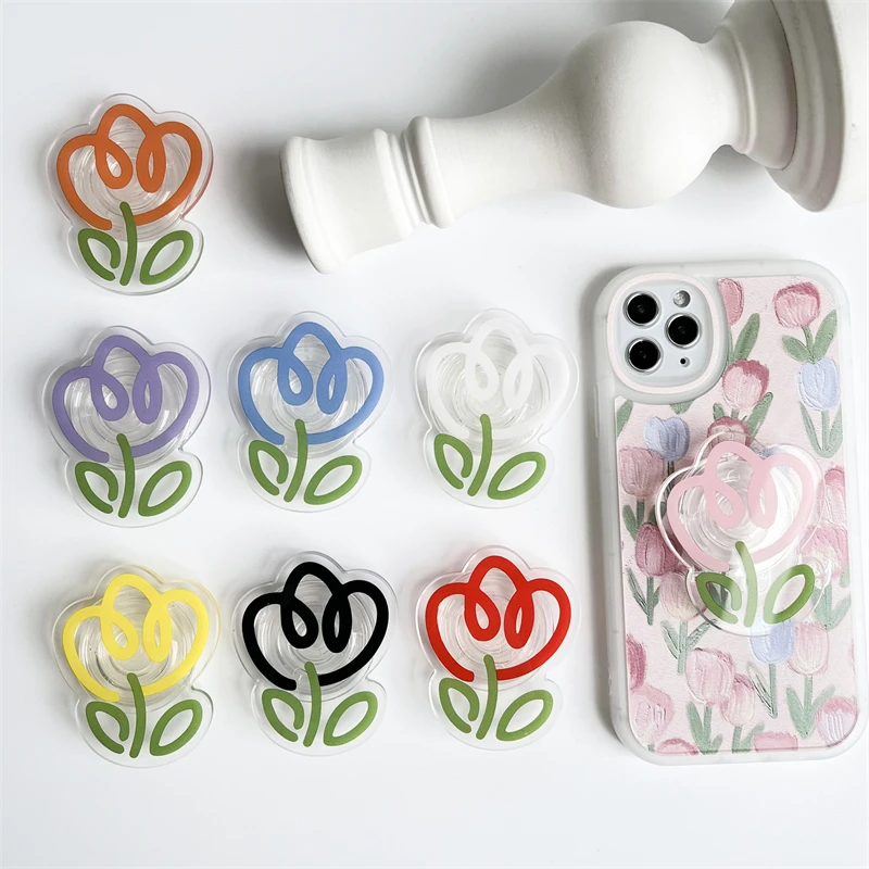 Bright Hand-Painted Transparent Tulip Flowers Korea INS Foldable Elastic Grip Tok Mobile Phone Bracket Ring Talk Universal