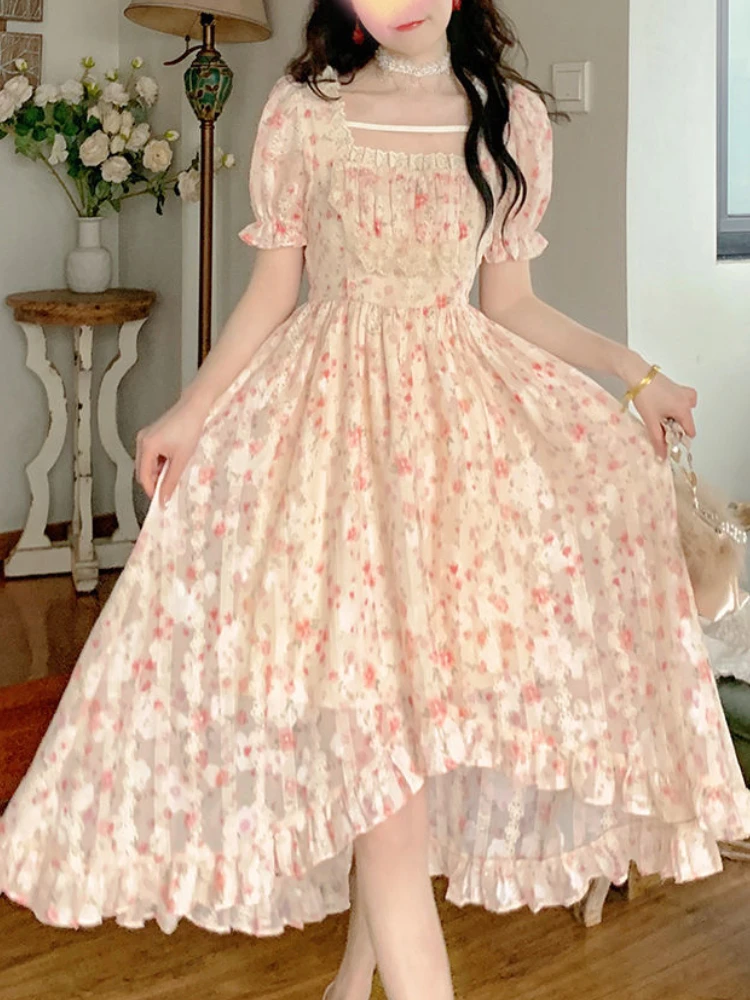 

Summer Floral Print Dress Women Lace Boho Kawaii Party Dress Female Casual Korean Fashion Holiday Lolita Elegant Midi Dress 2022