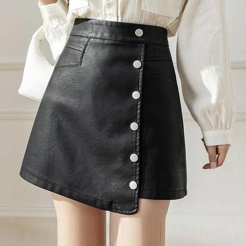 Pu leather short skirt women's high waist 2022 autumn and winter new slim wrap hip anti slip button  skirt  Casual  Button