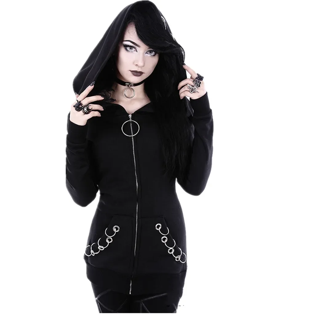 

Zip up Sweaters for Women Punk Coat Sleeve Solid Women Loose Long Black Hooded Cardigan Gothic Womens Fleece Jackets with Hood