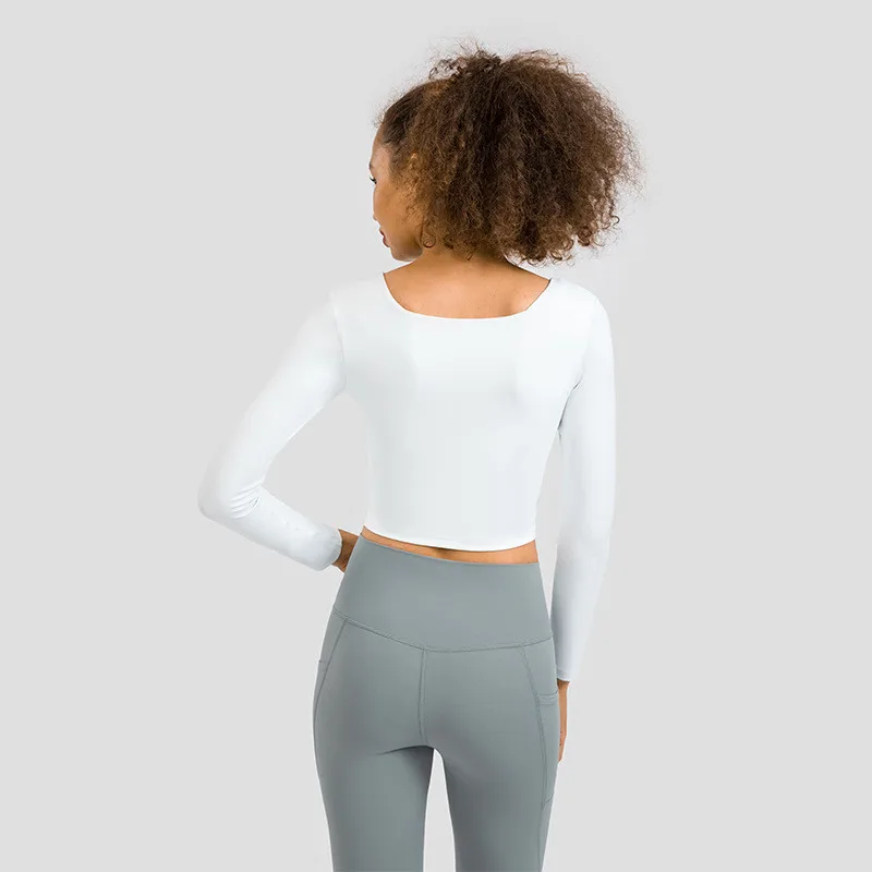 Solid Color Women Long Sleeve Yoga Shirt Sport Top Fitness Comprehensive Training Breathable U-neck Half Long Sleeves Chest Pad