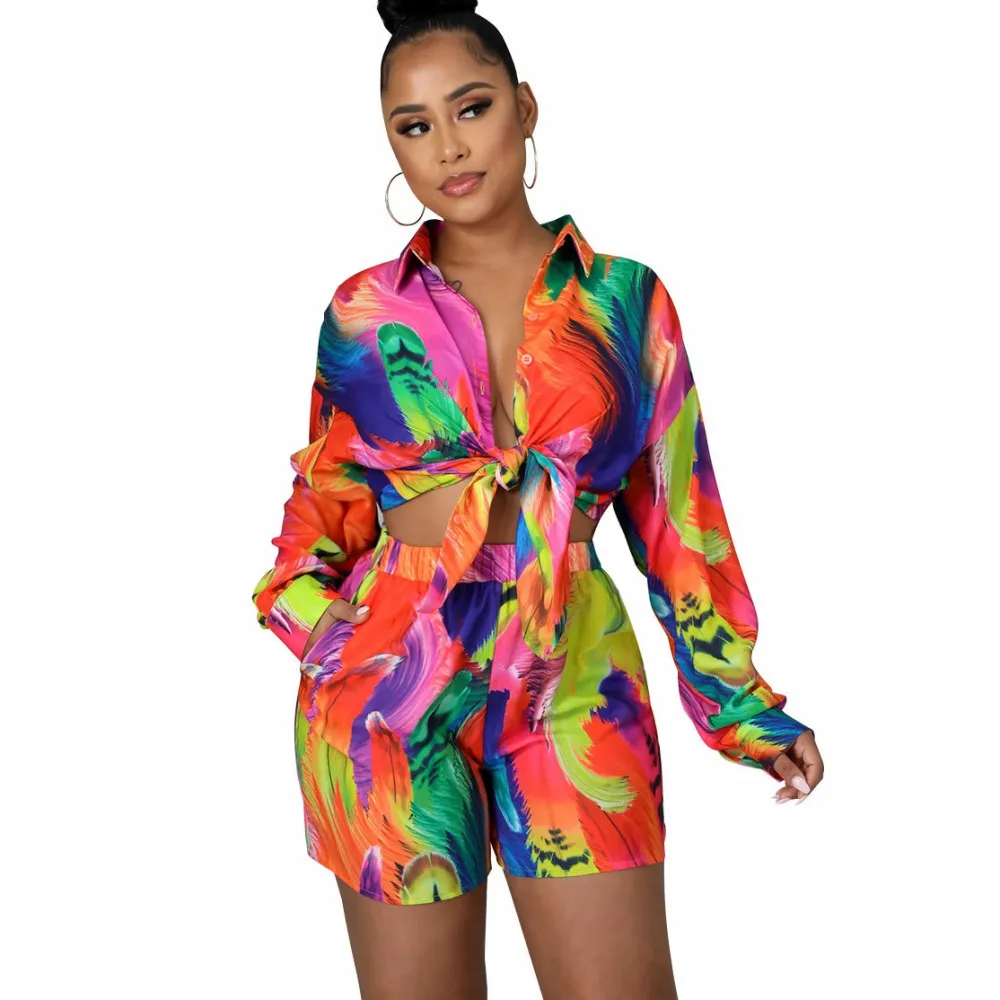 

Рубашка с длинным рукавом, комплект из двух предметов, шорты, женский топ, повседневный костюм Дашики, свободный крой, Элегантная Дамская одежда на пуговицах с лацканами, лето 2022