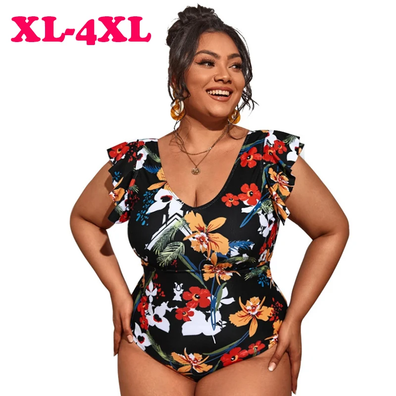 2022 European & American Large Size Conservative One-piece Swimsuit Women Hot Spring Slim Fit Belly Covering Big Swimsuit 4xl