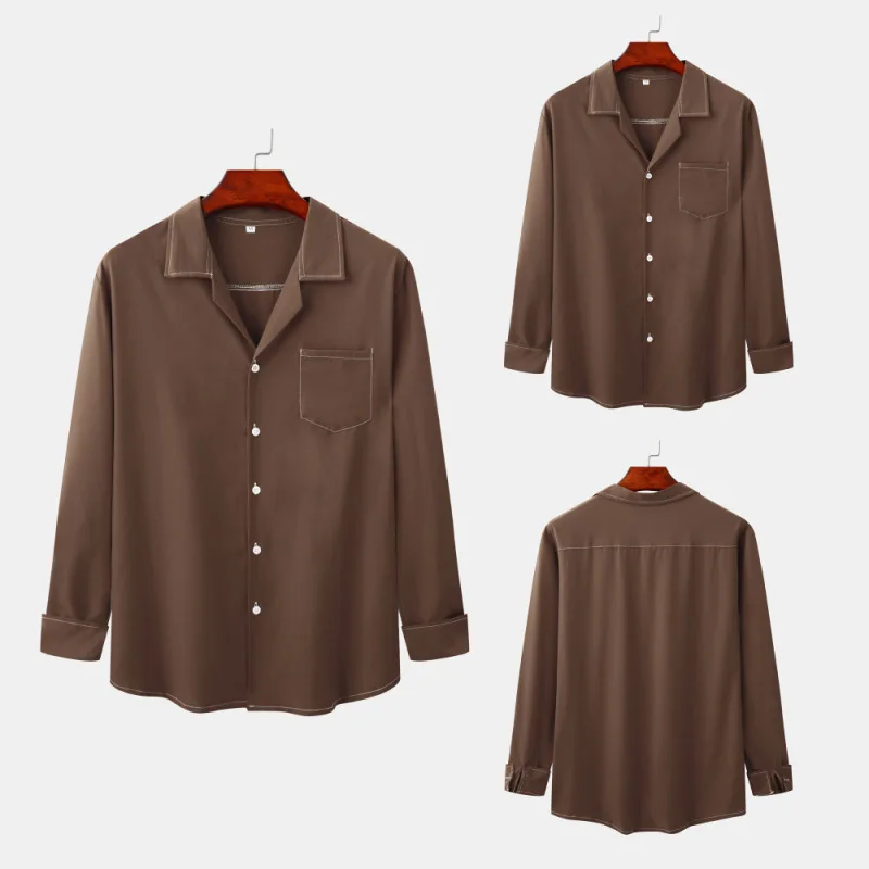 Мужская Однотонная рубашка с большим кубинским воротником и длинным рукавом для